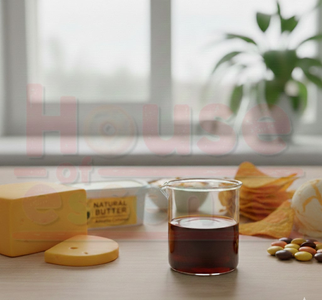 Glass beaker with dark liquid on a table with snacks and a window in the background