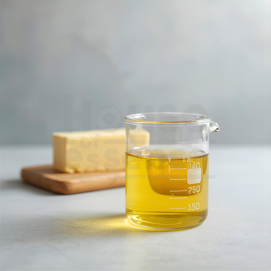 Beaker with yellow liquid on a light gray background