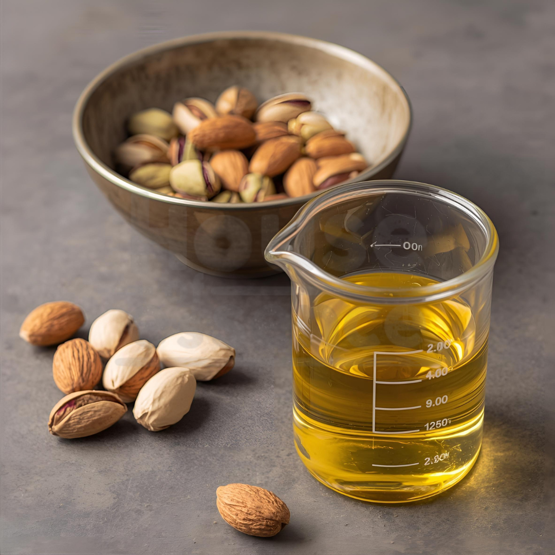 Almonds, a beaker of oil, and a bowl of almonds on a gray surface