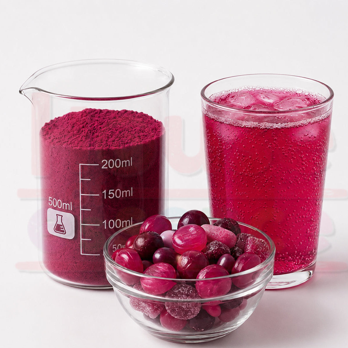 Beaker with red powder, glass of red liquid, and bowl of red berries on a white background