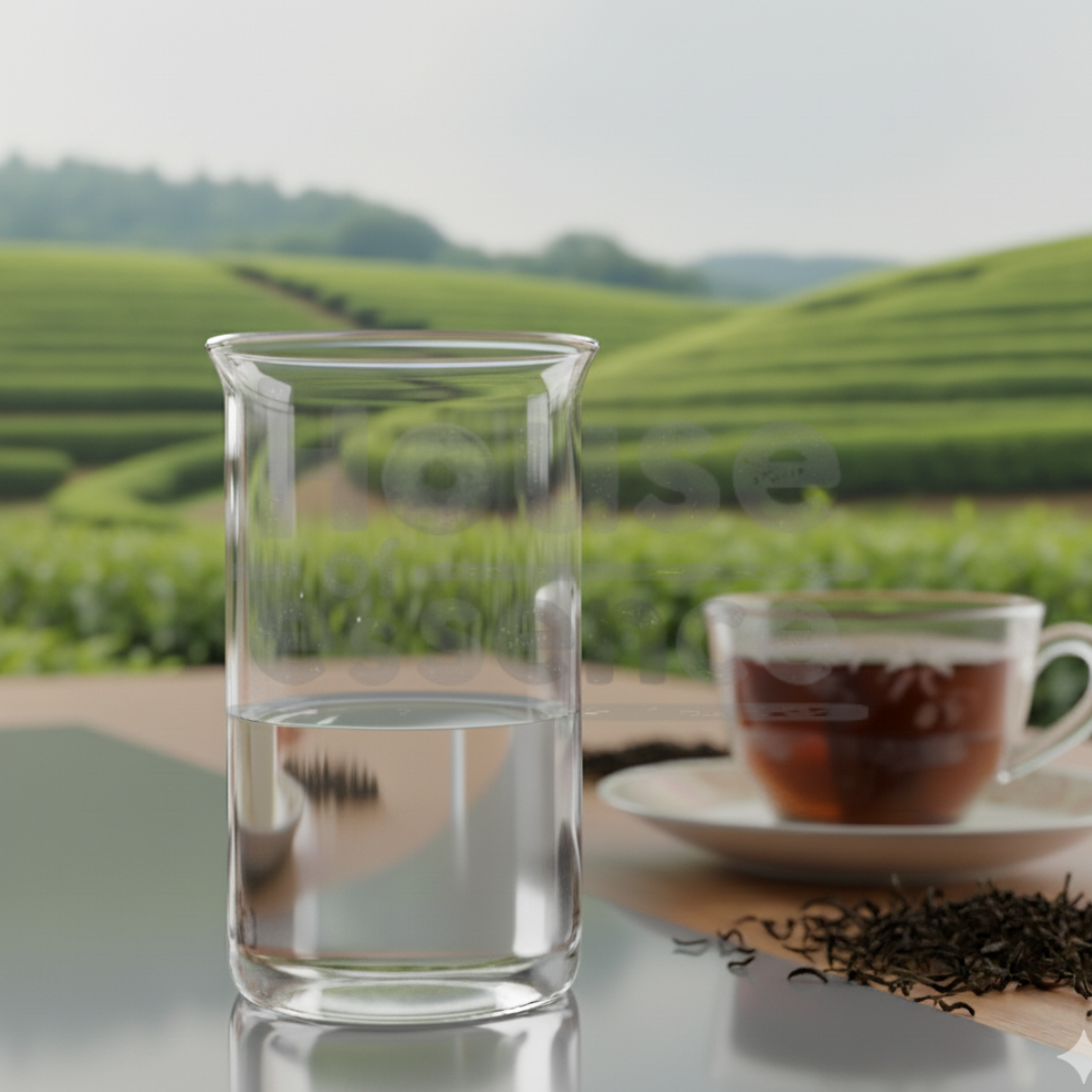 Clear glass pitcher with water, cup of tea, and tea leaves on a table with a tea plantation in the background.