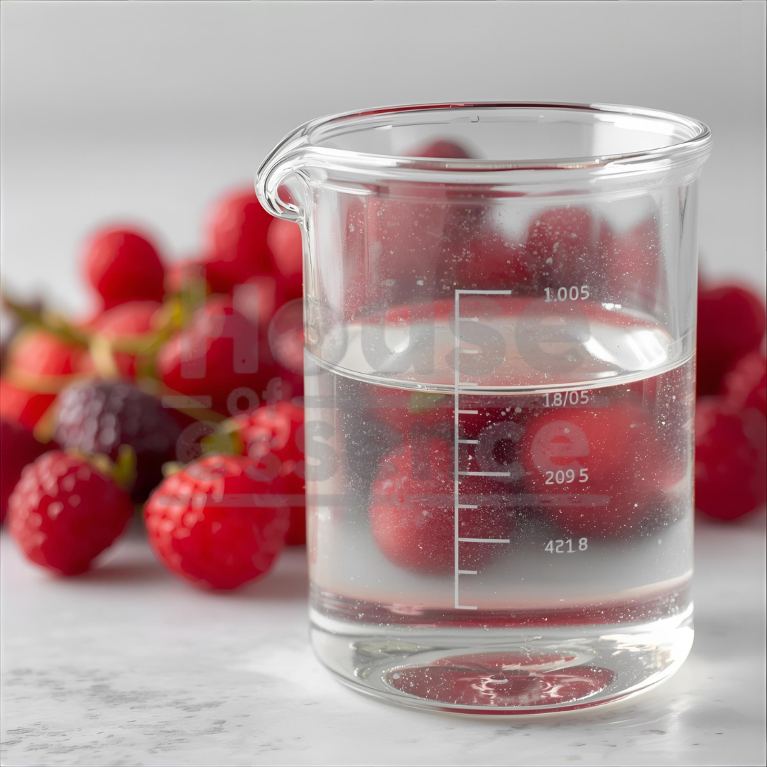 Beaker with berries and water on a marble surface
