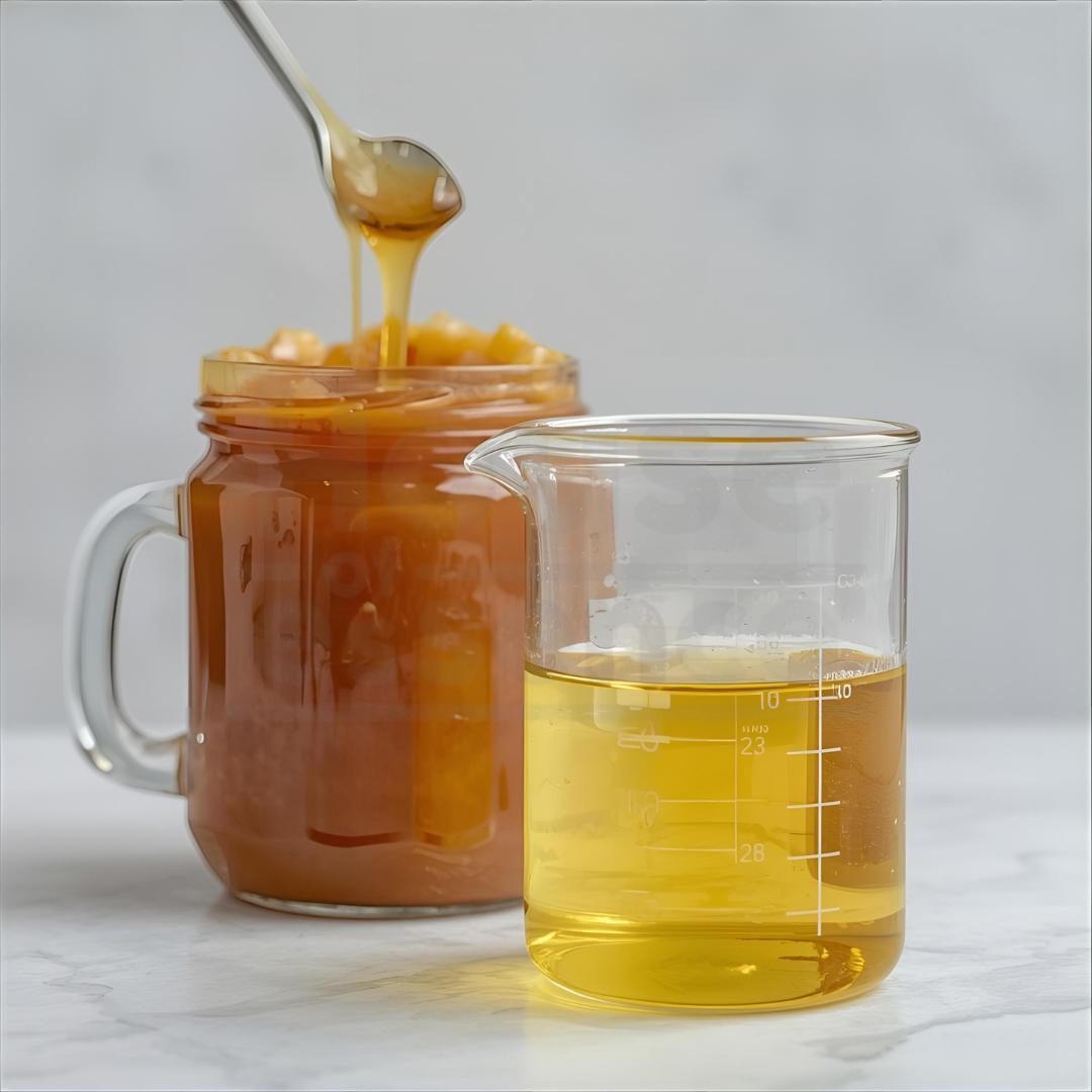 Jar of honey with a spoon dripping into it, next to a measuring cup filled with honey on a light background.