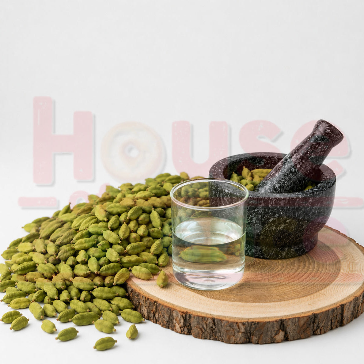 Green cardamom pods arranged on a round wood slice, with a small clear glass of water, a dark stone mortar and pestle, and a pile of loose pods on a white background. A faint 'House' watermark is visible behind the items.