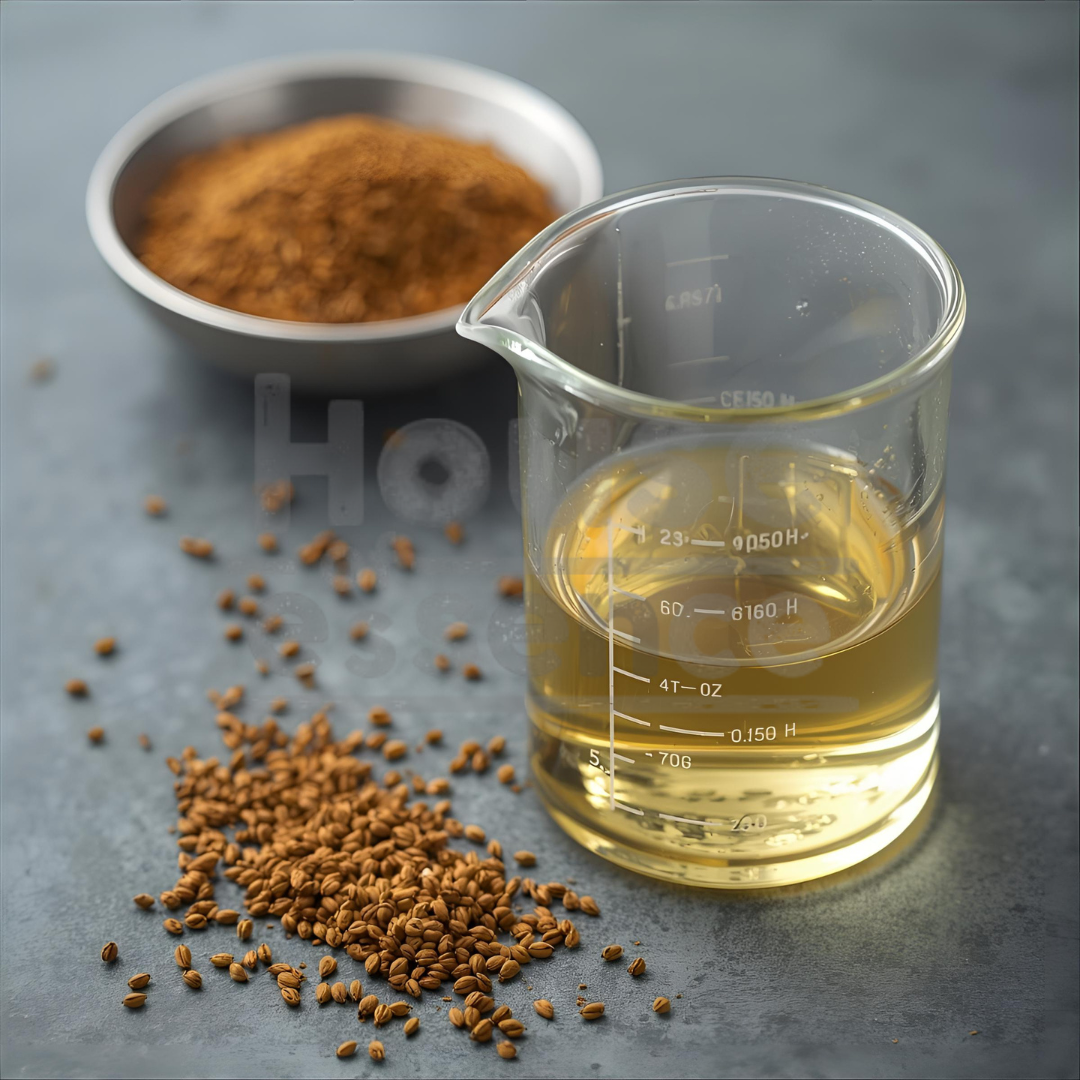Ajwain seeds and carom seed flavor liquid in a glass beaker on gray background