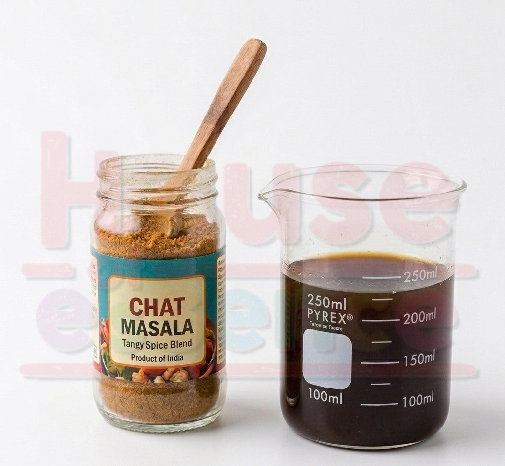 Jar of Chat Masala spice blend with a wooden spoon and a Pyrex measuring cup filled with a dark liquid on a white background.