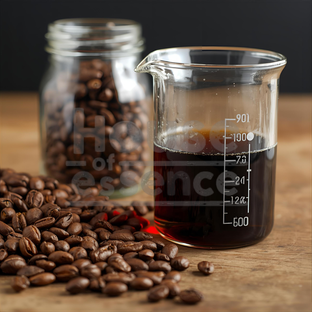 Glass beaker with coffee and jar of coffee beans on a wooden surface
