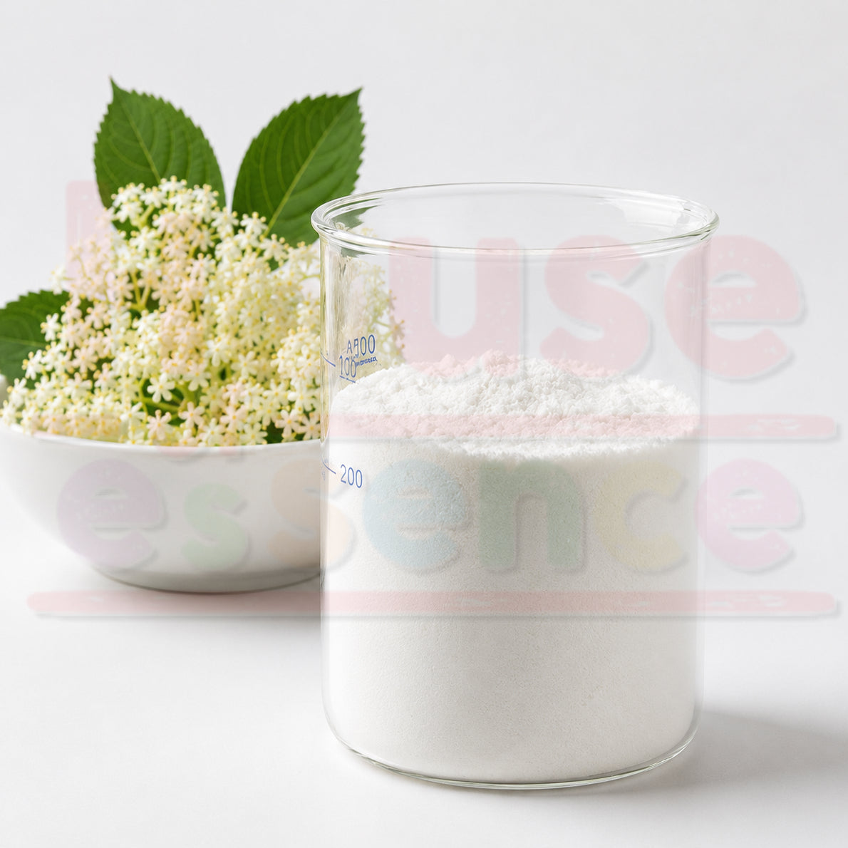 A clear glass beaker filled with white powder, shown in front of a white bowl of white flowers and green leaves on a light gray background. A large translucent 'House Essence' watermark overlays the center, and a small watermark note appears along the bottom edge.