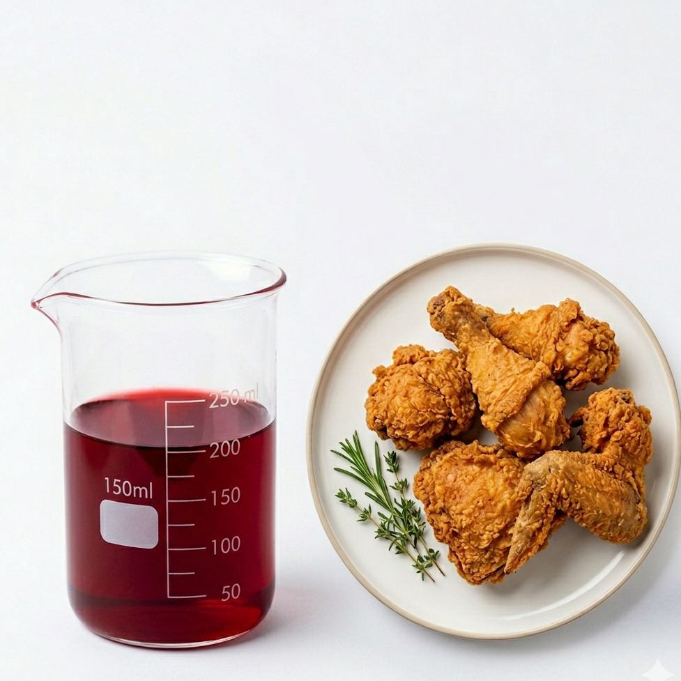 Fried chicken on a plate with a beaker of red liquid on a white background