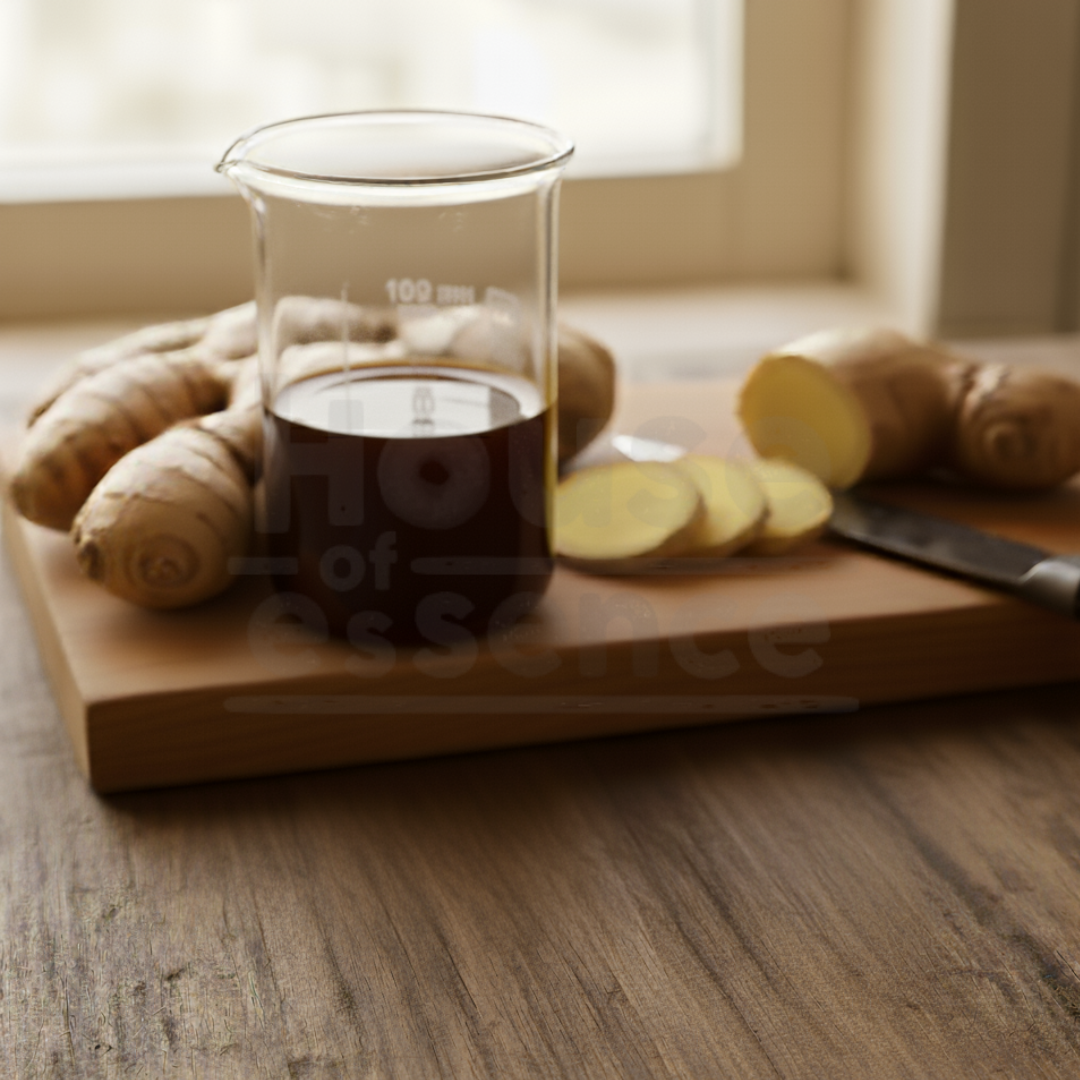 Glass beaker with dark liquid on a wooden cutting board with sliced ginger and whole ginger roots.