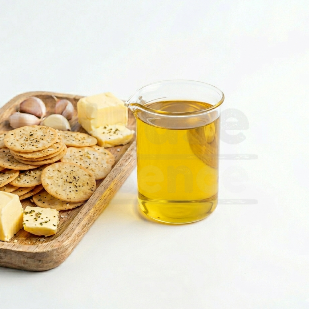 Glass of yellow liquid next to a wooden tray with crackers and cheese on a white background