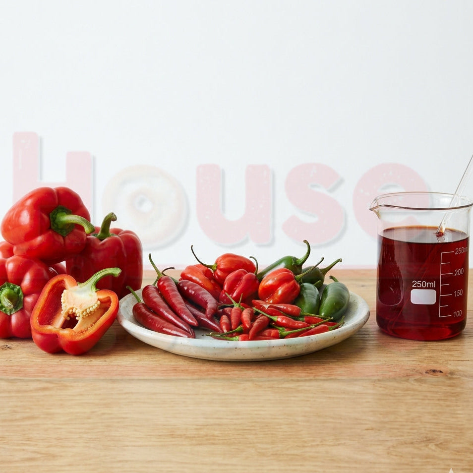 Assorted peppers on a plate with a beaker of red liquid on a wooden surface, featuring the brand 'House'.