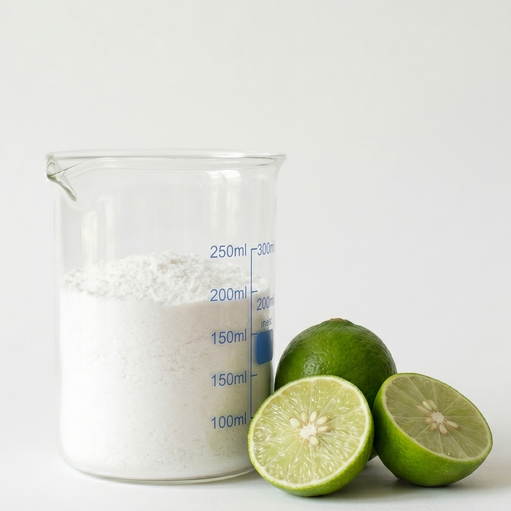 Beaker with white powder and lime fruits on a white background