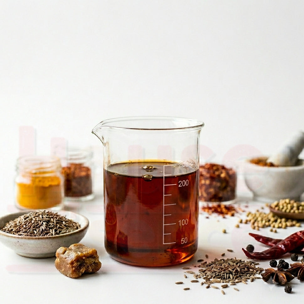 Glass beaker with liquid surrounded by spices and herbs on a light background