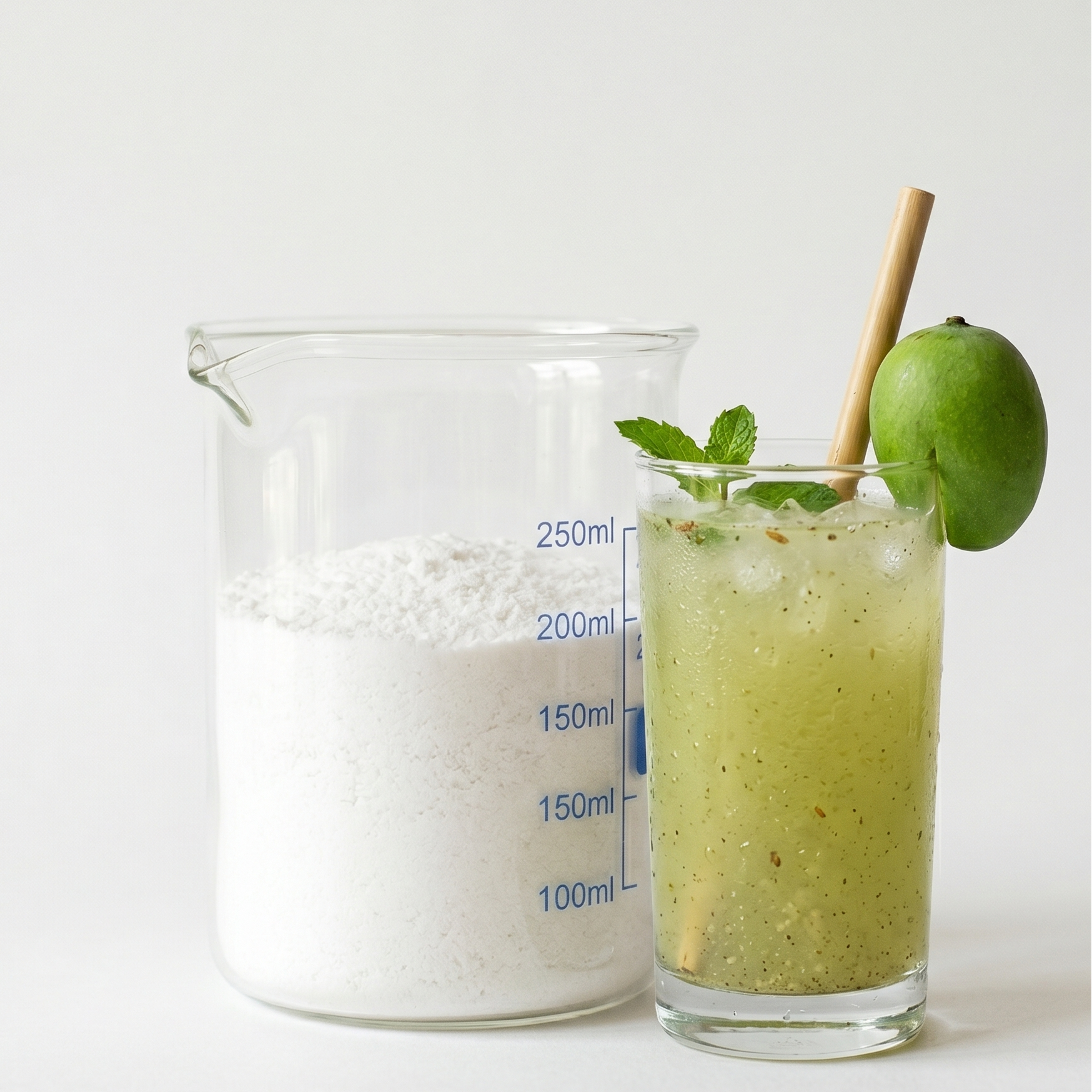 Glass of green smoothie with a beaker of white powder on a light background