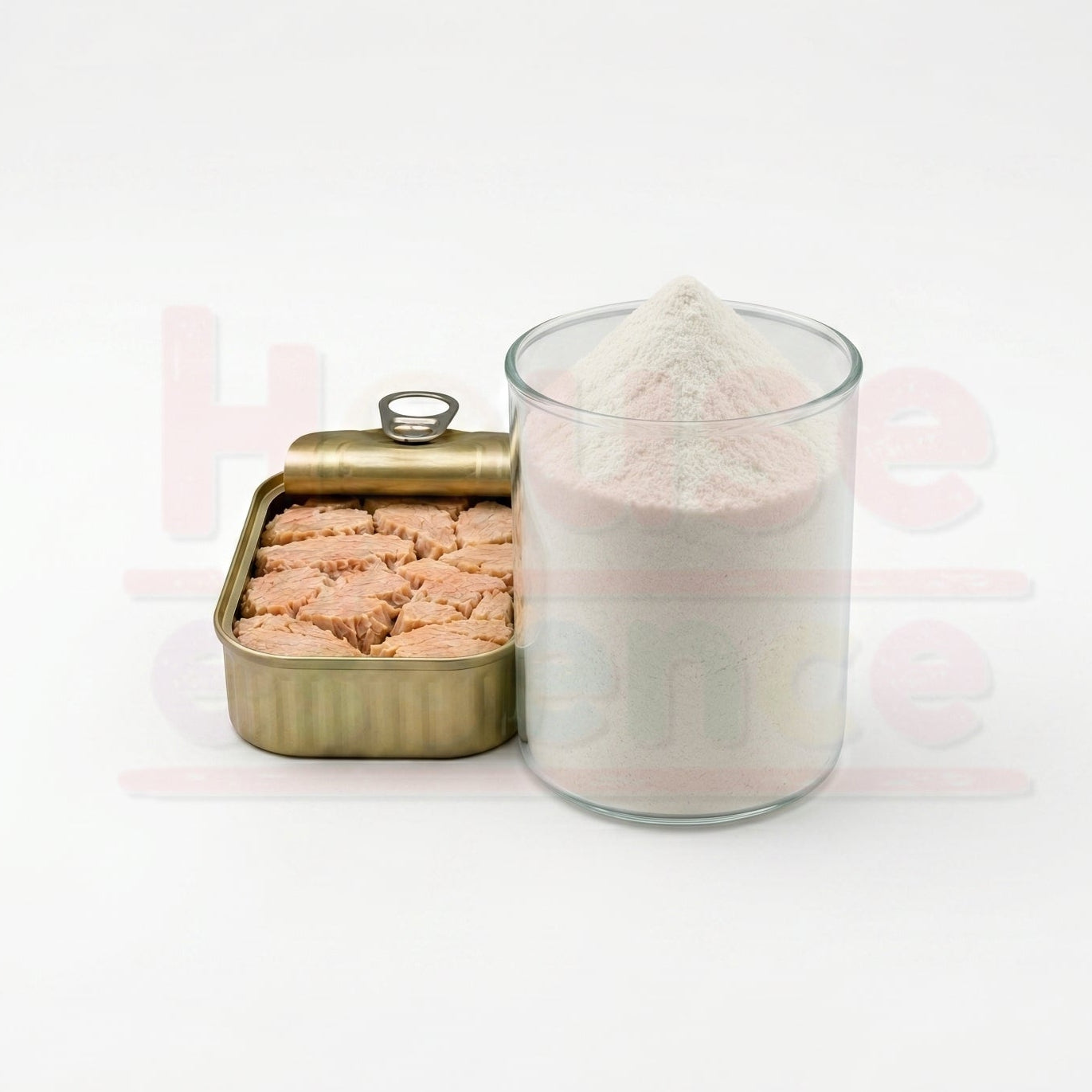 Glass container with pink powder and a small gold tin on a white background