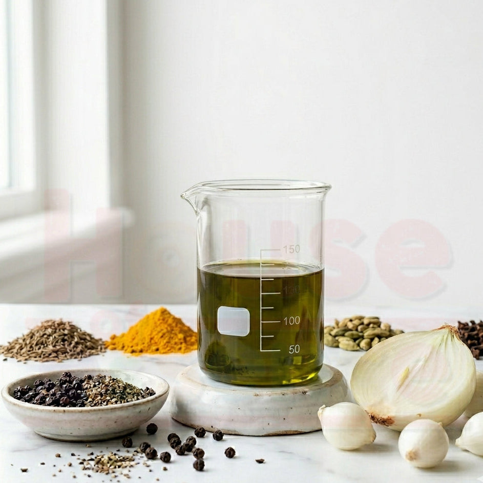 Glass beaker with green liquid on a white surface with various ingredients