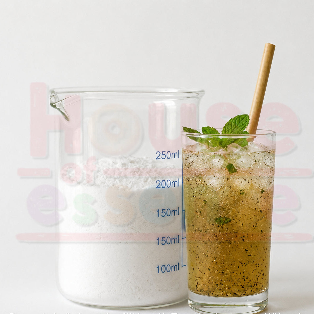 Beaker with liquid and glass of iced drink with mint leaves on a light background