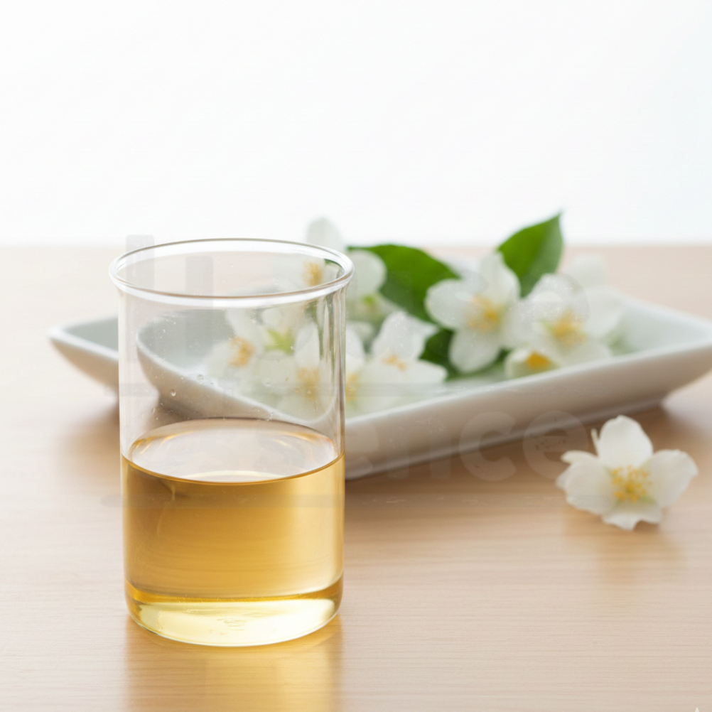 Clear glass of light-colored liquid on a wooden surface with white flowers in the background