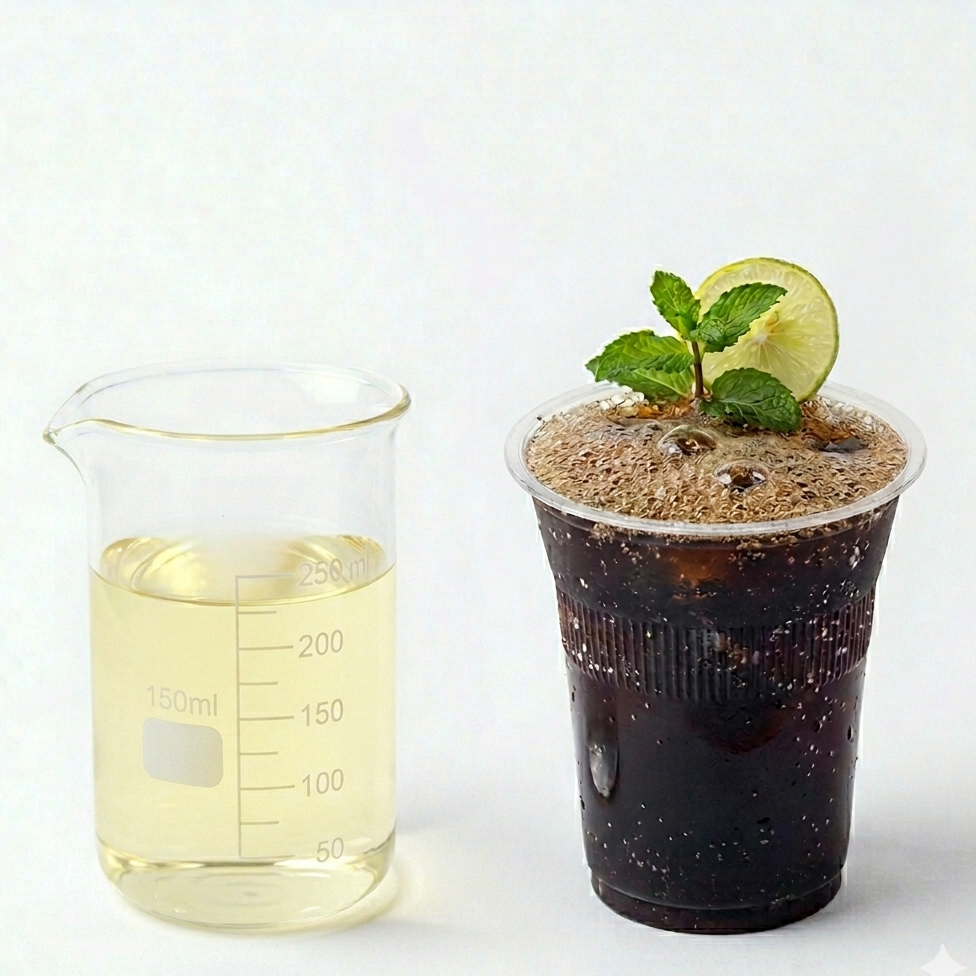 Clear beaker with liquid next to a cup of iced coffee with a lime wedge and mint leaf on a white background