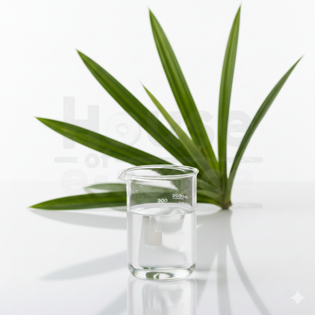 Clear beaker with water next to a green leaf on a white background