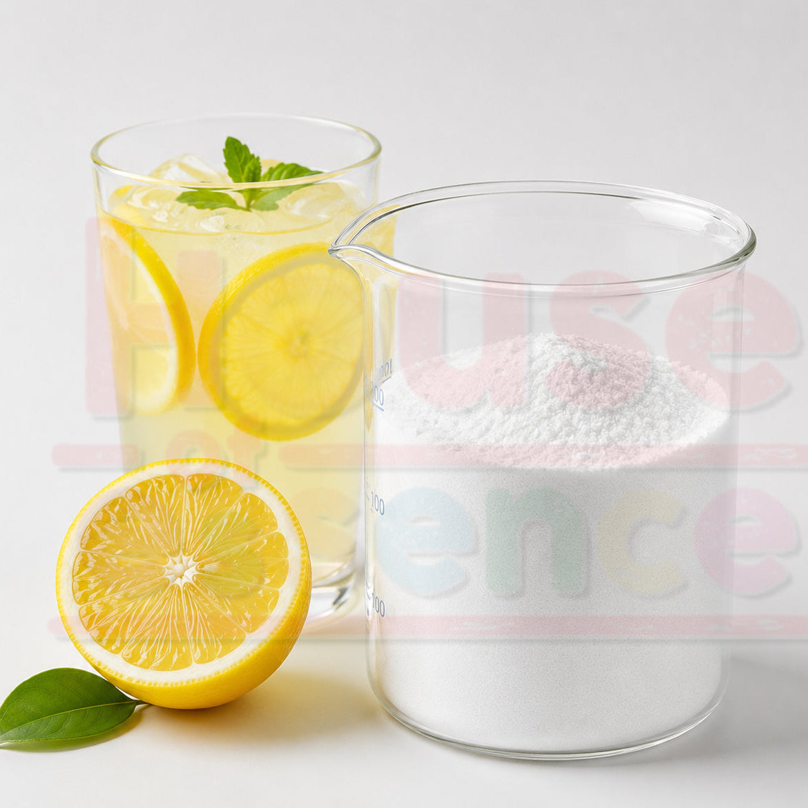Clear glass with lemon slices and a half lemon on a light background