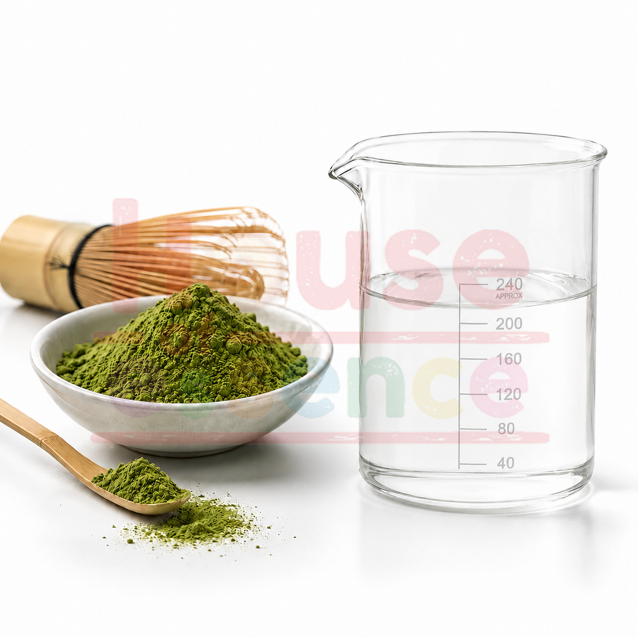 A small bowl filled with green matcha powder, a wooden whisk, a wooden spoon with loose matcha, and a clear glass measuring beaker on a white background.