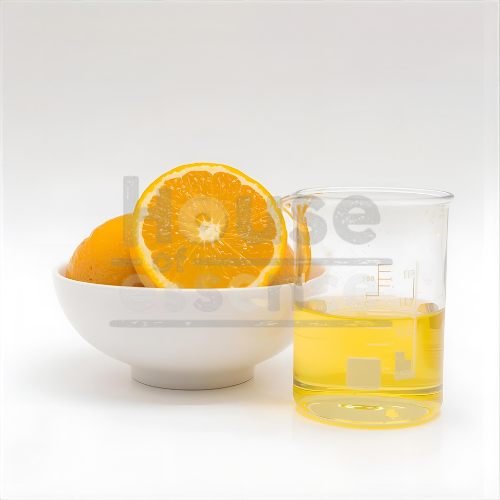 Glass beaker filled with orange juice next to a bowl of oranges on a white background