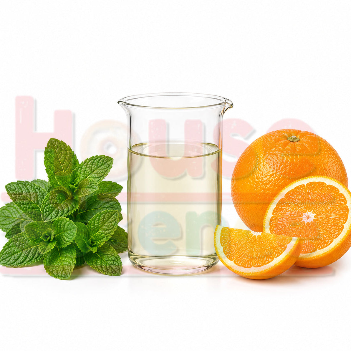 A clear glass beaker filled with pale yellow liquid, styled with a bunch of green mint leaves on the left and orange fruits on the right, on a white background.