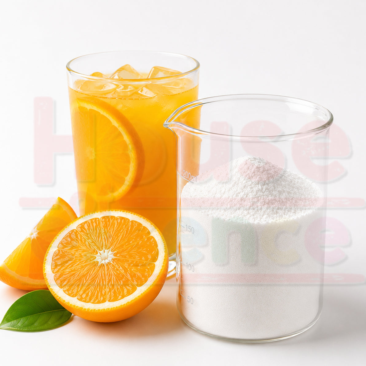 Glass of orange juice with a measuring cup of sugar and sliced oranges on a white background