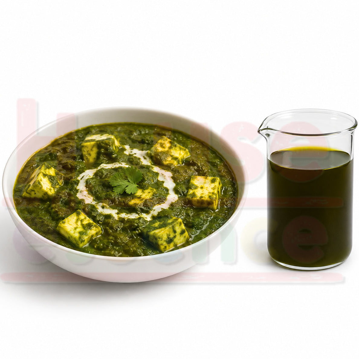 A bowl of green paneer curry with cream swirl and a glass container of dark green oil on a white background.