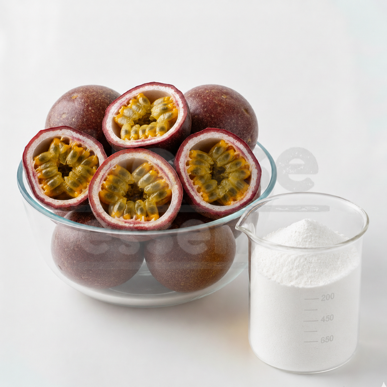 Passion fruits in a bowl with a measuring cup of white powder on a light background
