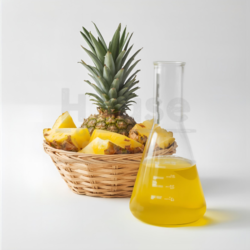 Pineapple in a basket with a beaker of pineapple juice on a white background