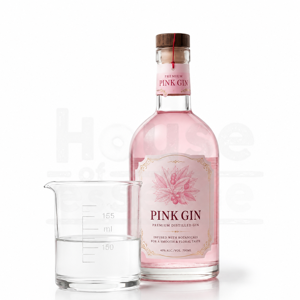 Bottle of pink gin with a measuring glass on a white background
