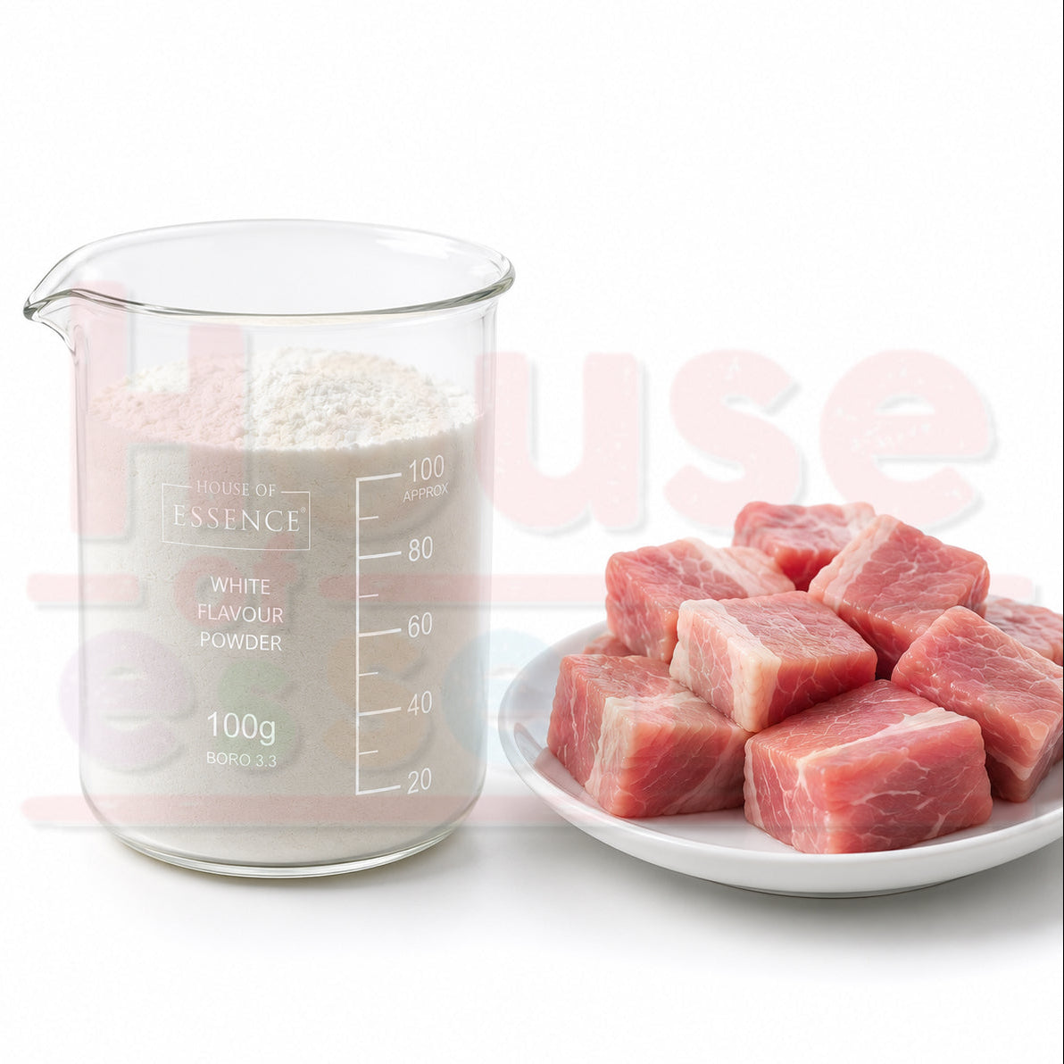 A clear glass measuring beaker filled with white flavour powder next to a white plate of raw pink meat cubes on a white background.