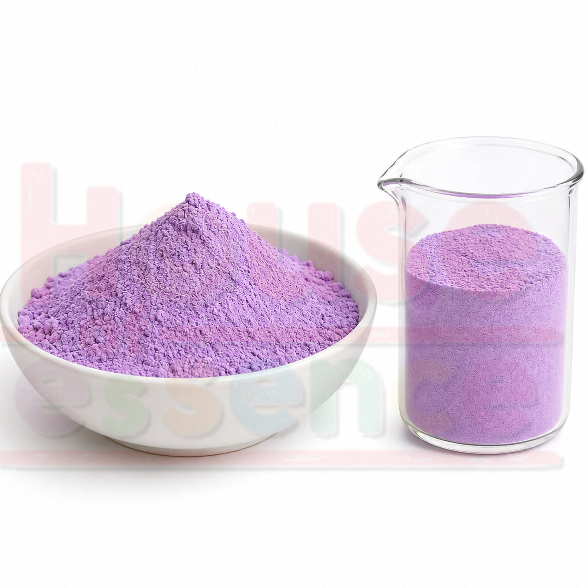 A white ceramic bowl filled with bright purple powder next to a clear glass beaker containing the same purple powder, photographed on a white background.