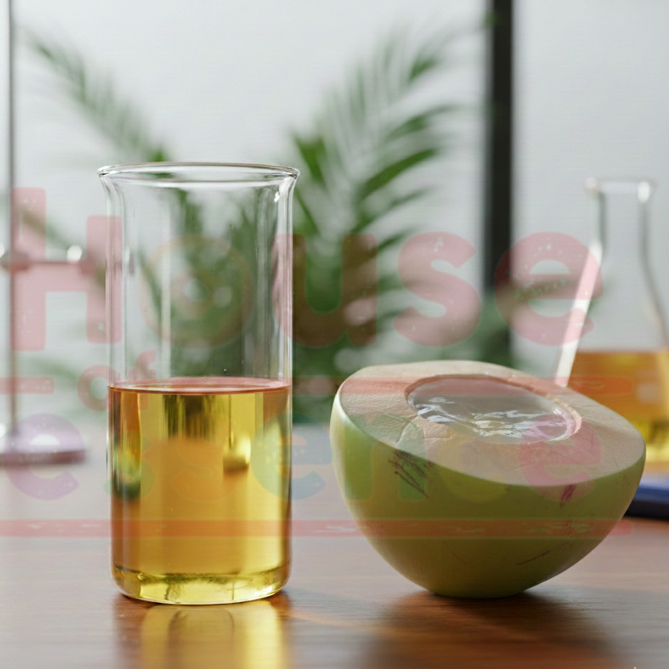 Glass container with yellow liquid next to a green fruit on a reflective surface with blurred background