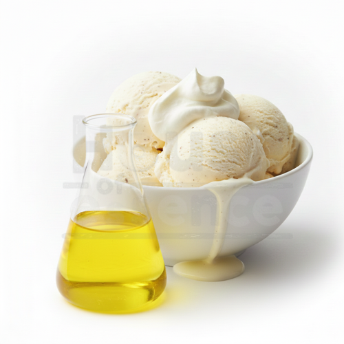 Bowl of vanilla ice cream with a glass of oil on a white background
