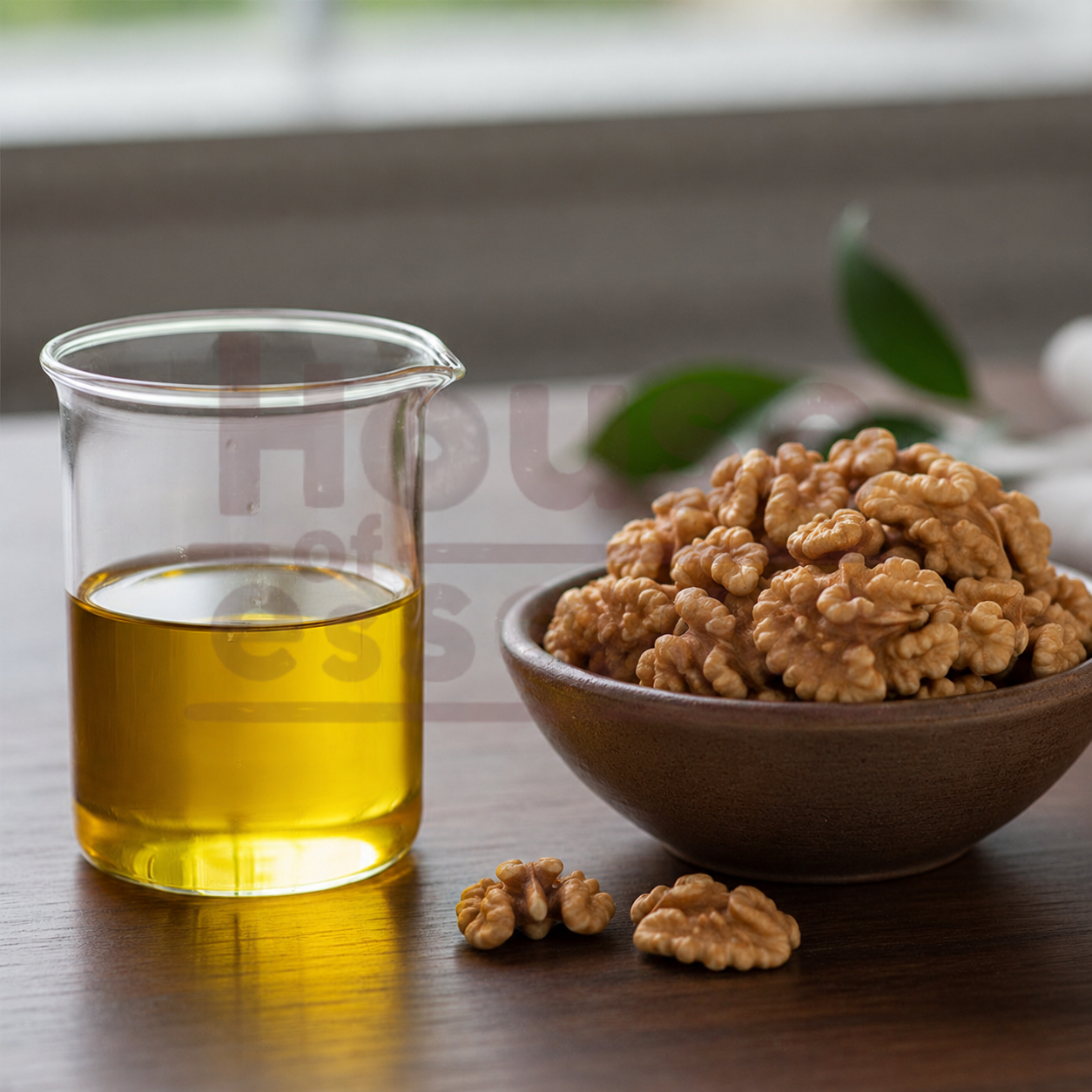 Glass container of oil next to a bowl of walnuts on a wooden surface.