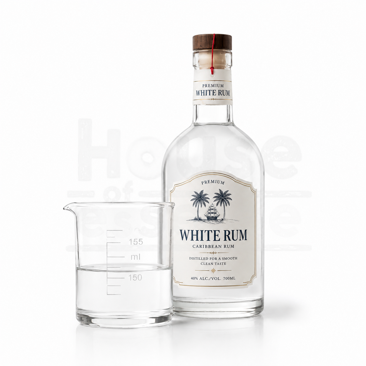 Bottle of white rum with a label and a beaker on a white background