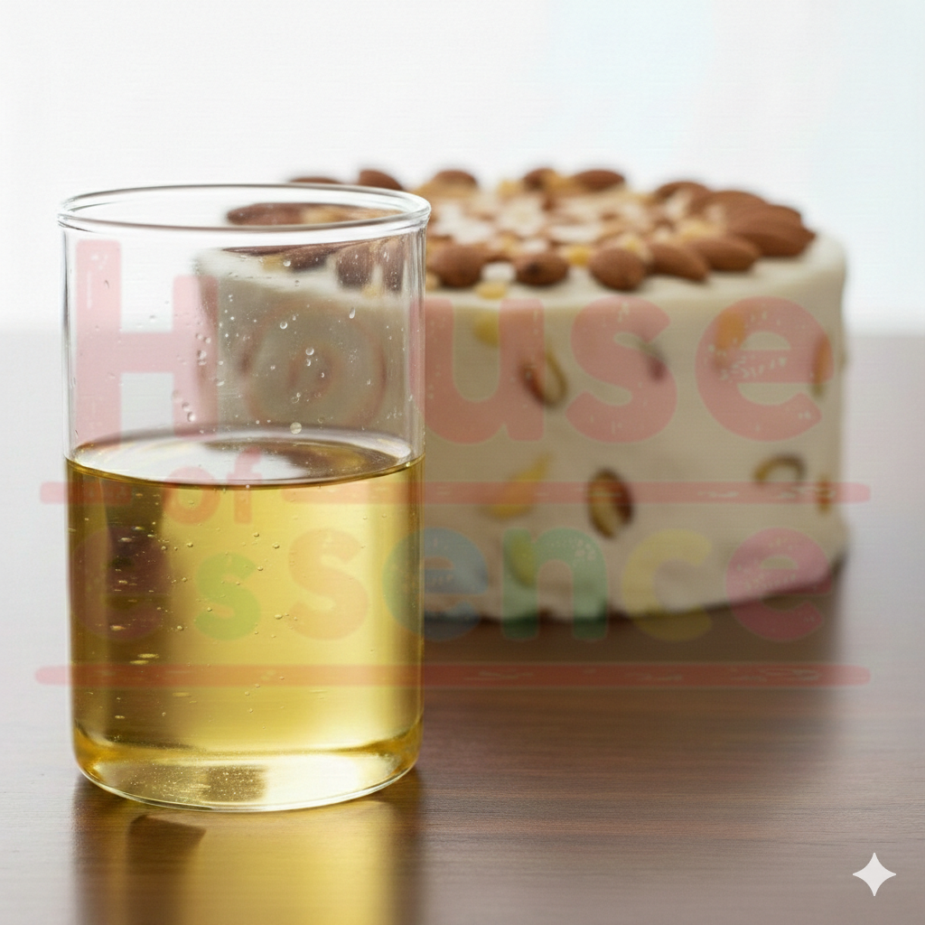 Glass of yellow liquid in front of a cake with colorful text on a white background