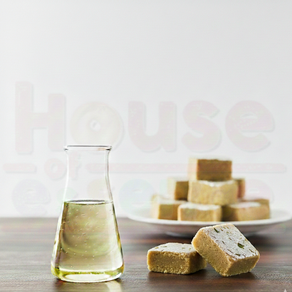 Squares of fudge on a plate with a glass container on a wooden surface.