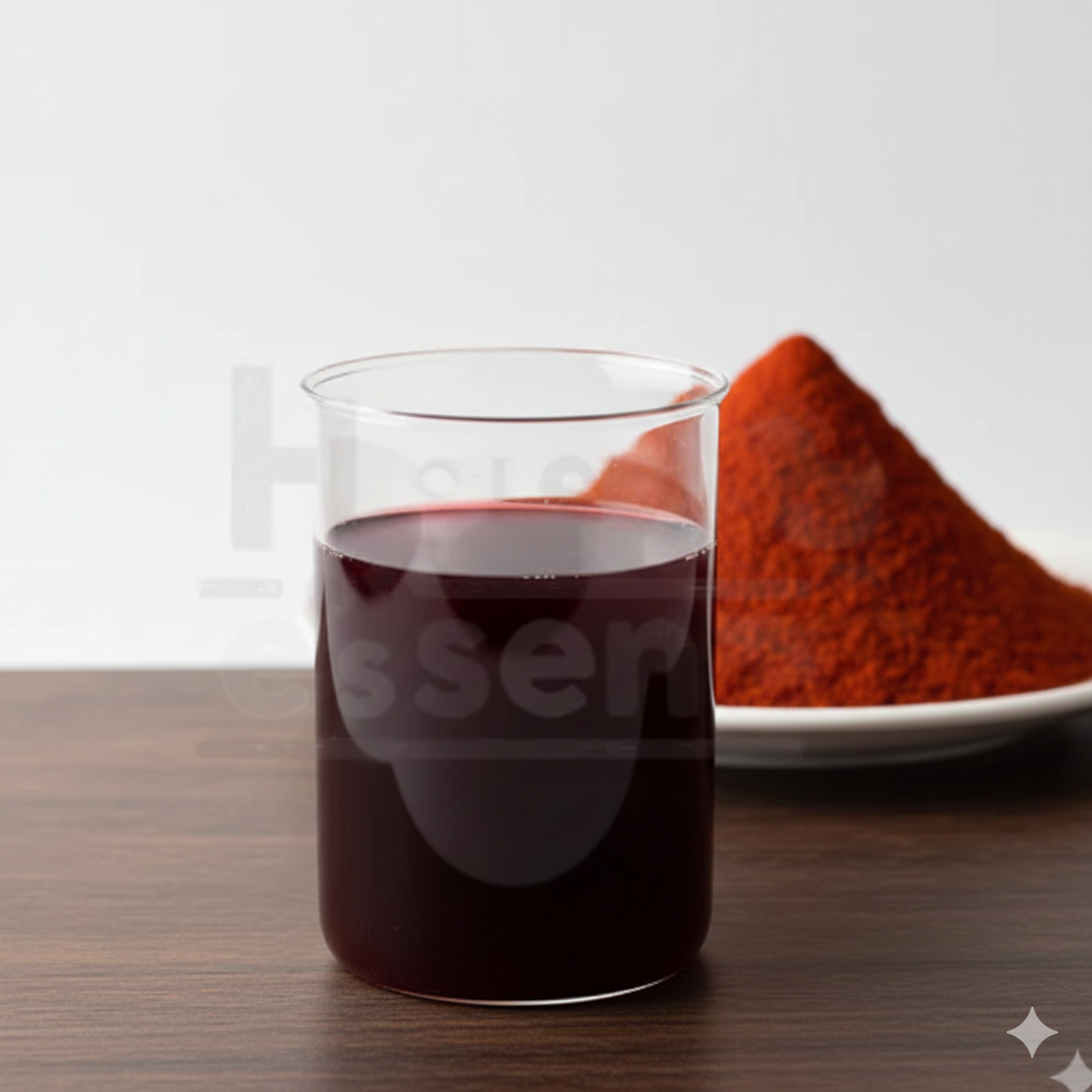 Clear glass mug filled with dark red liquid on a wooden surface, with a blurred plate of red powder in the background.