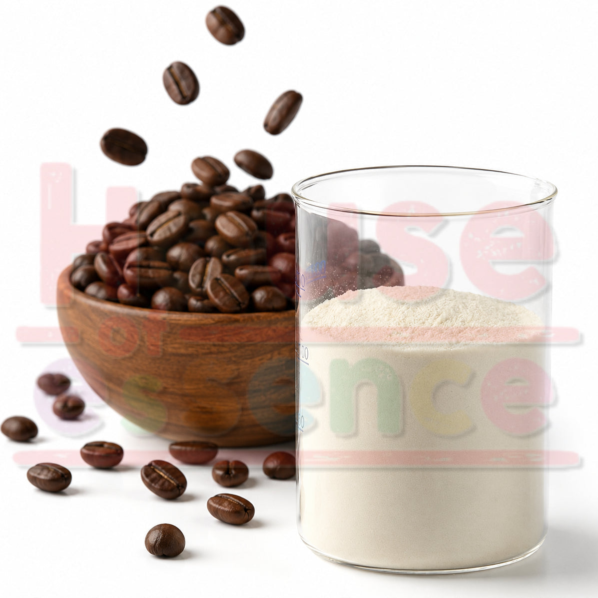 A clear glass beaker filled with white coffee powder, shown next to a wooden bowl of roasted coffee beans with a few beans floating above on a white background.