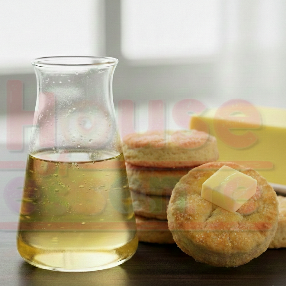 Glass carafe with liquid next to buttered bread on a wooden surface
