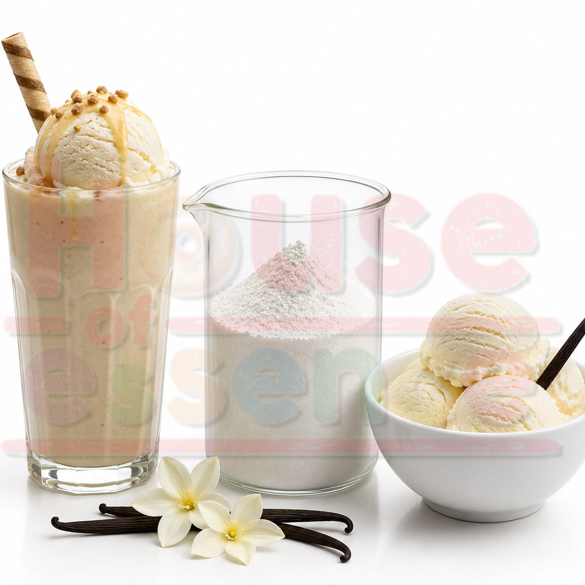 A glass milkshake topped with vanilla ice cream and caramel sauce, a glass pitcher filled with white powder, and a white bowl of vanilla ice cream with a vanilla spoon, arranged on a white background with vanilla beans and flowers.