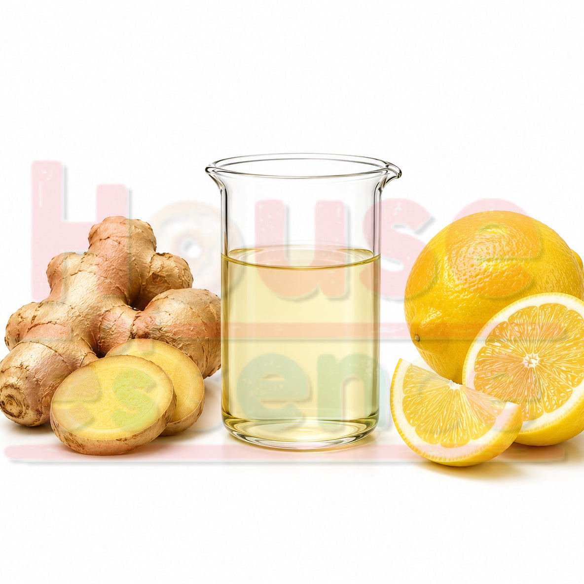 A clear glass beaker filled with pale yellow liquid, shown with fresh ginger roots and lemon slices on a white background. A faint translucent watermark is visible behind the ingredients.