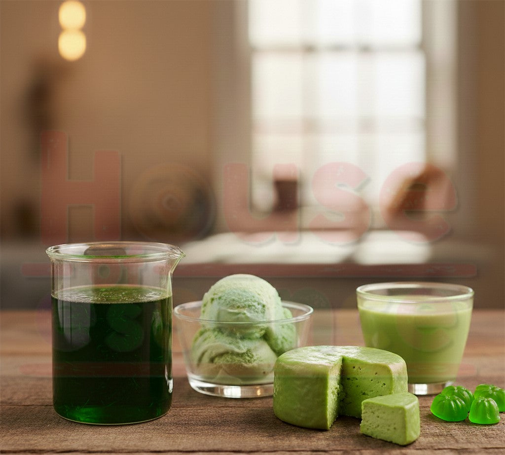Green tea and green tea products on a wooden surface with a blurred background.
