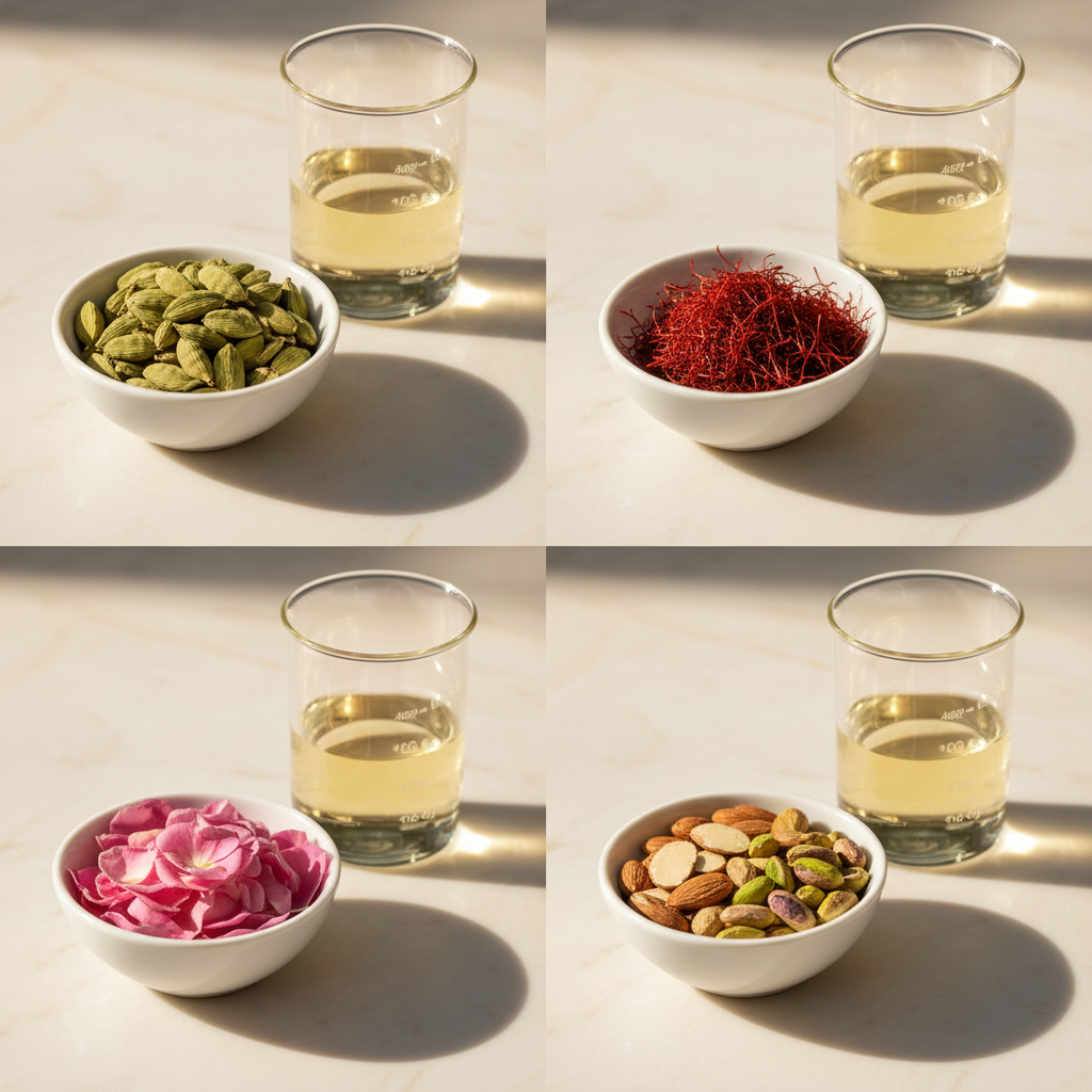 Four premium flavour scenes with pale yellow essence beakers and bowls of cardamom, saffron, rose petals, almonds and pistachios