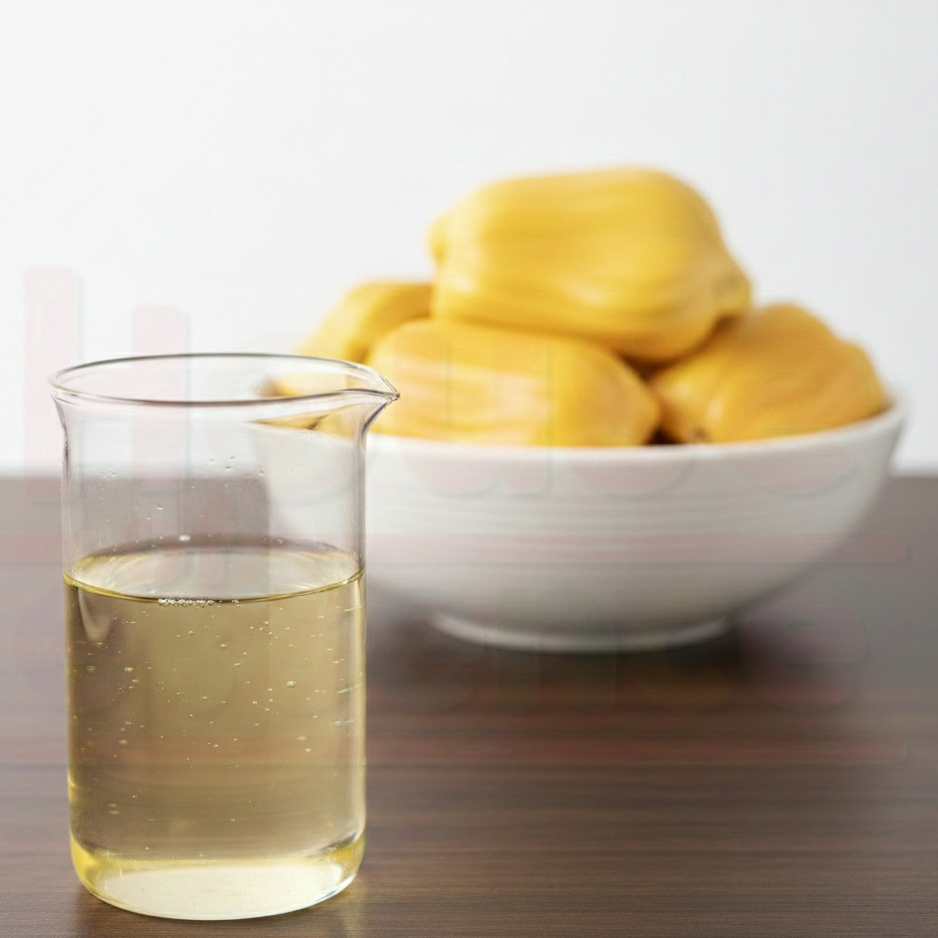 Glass beaker with liquid next to a bowl of lemons on a wooden surface